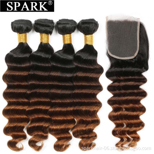 Spark 1b/4/30 Ombre Bundles with Closure 10A Brazilian Ombre Kinky Curly Human Hair 3 Bundles with Closure